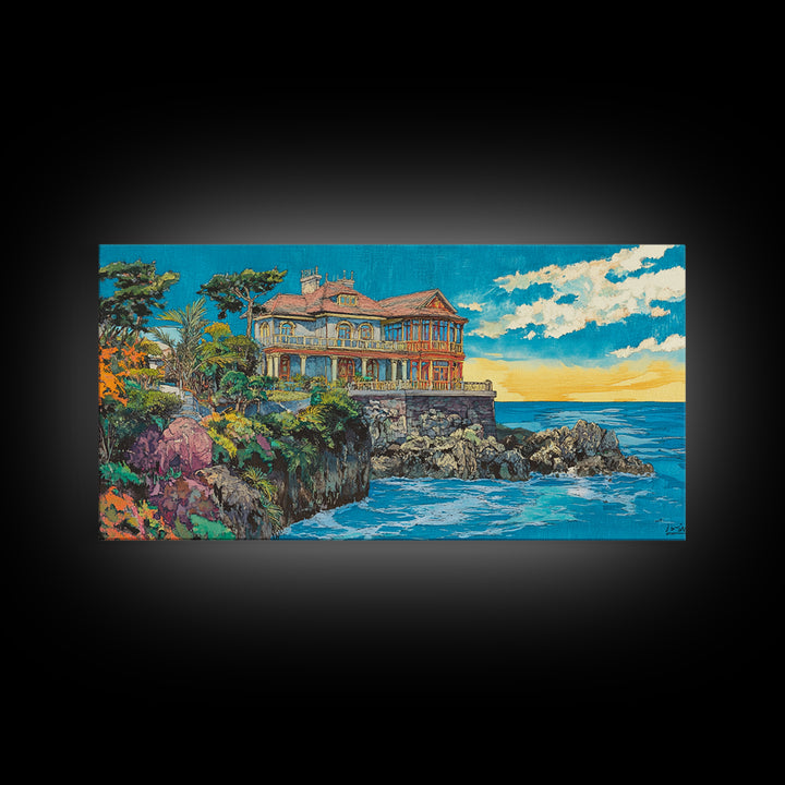 Clifftop Coastal Villa, Bright Seascape Wall Art, Italian Riviera Canvas Print, Ocean Decor, Travel Poster, Gift For Her, Housewarming Gift