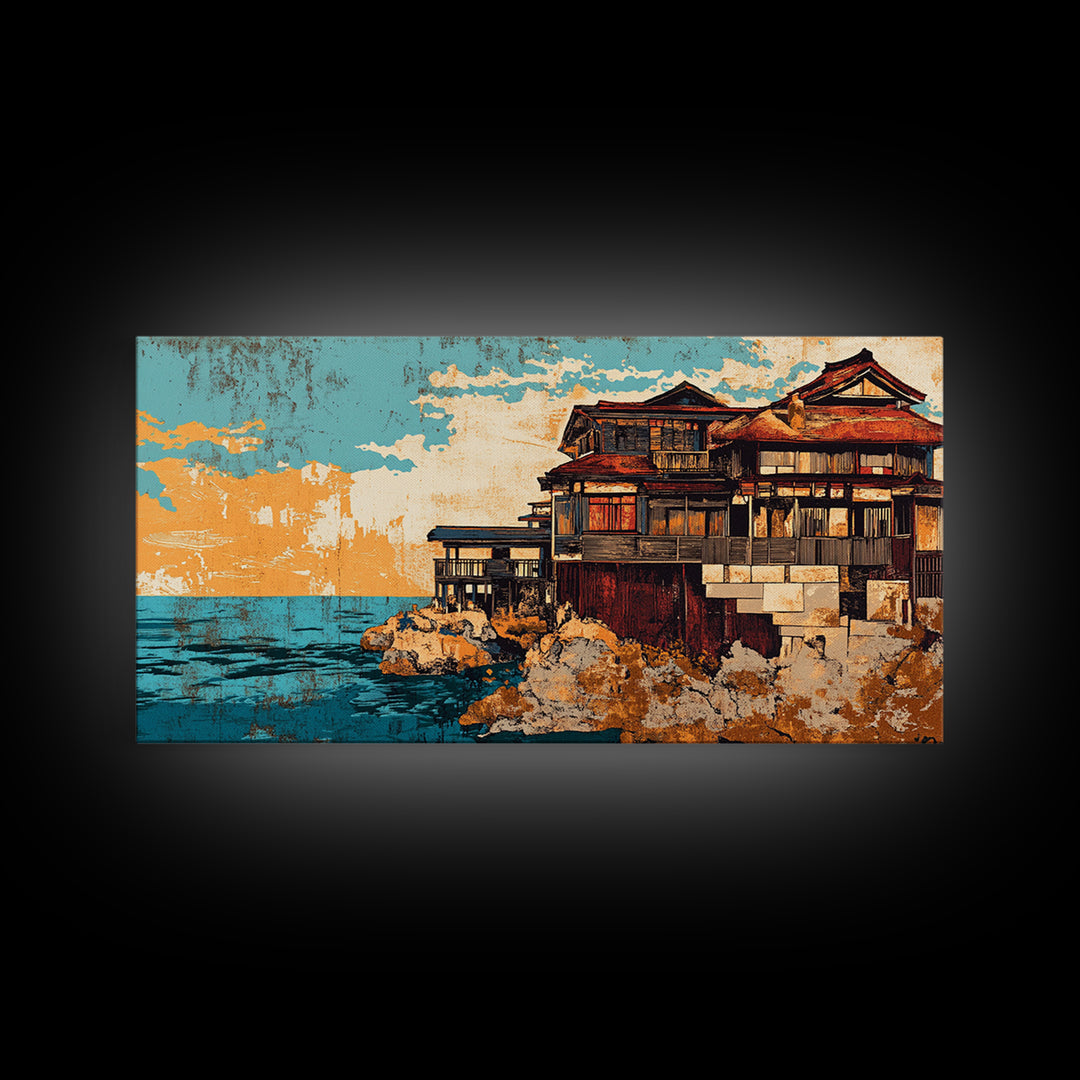 Japanese Seaside Ryokan, Sunset Architecture Wall Art, Coastal Canvas Print, Asian Decor, Ocean View Living Room Decor, Housewarming Gift