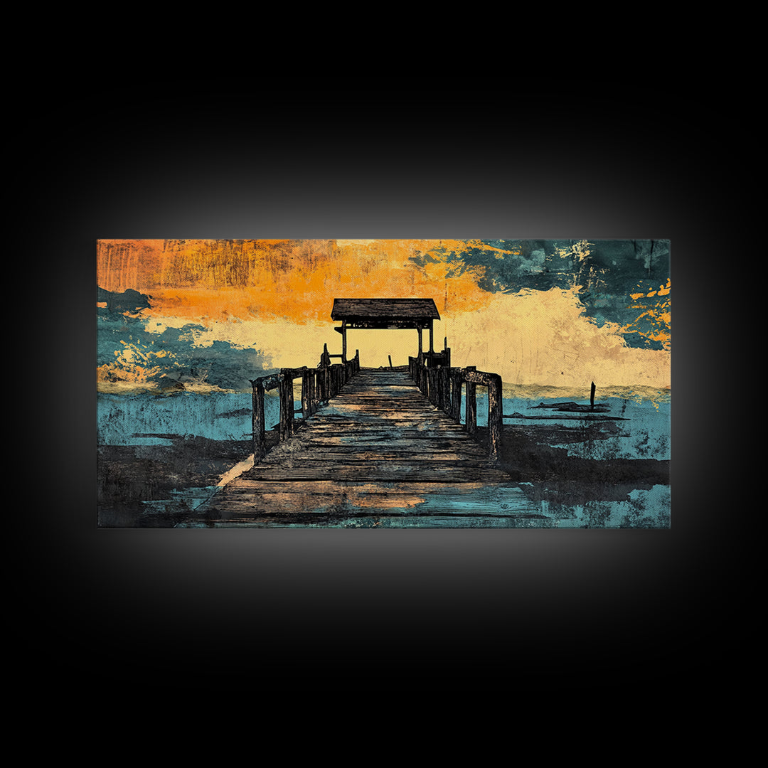 Weathered Pier At Sunset Canvas Print, Coastal Wall Decor, Nautical Beach House Art, Lake House Living Room Decor, Wide Wall Art