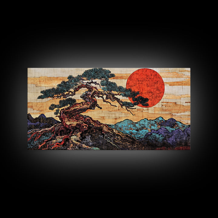 Twisted Bonsai Pine Red Sun Wall Art, Japanese Landscape Print, Japandi Decor, Zen Living Room Framed Canvas Print, Mountain Wall Decor