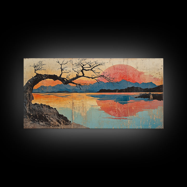Bare Tree Lake Sunset Wall Art, Japanese Inspired Landscape Print, Serene Coastal Decor, Large Horizontal Canvas Print Art