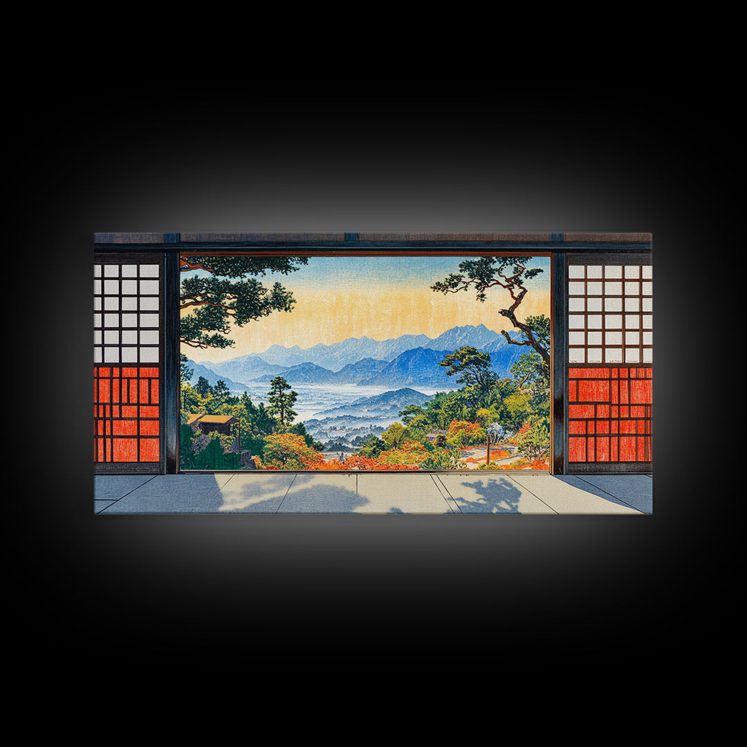 Japanese Shoji Window Mountain View Wall Art, Japandi Landscape Print, Zen Home Decor, Large Framed Canvas Print, Living Room Decor