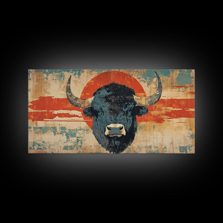 Bold Bison Portrait Red Sun Wall Art, Western Buffalo Print, Rustic Ranch Decor, Large Framed Canvas Print, Living Room Decor