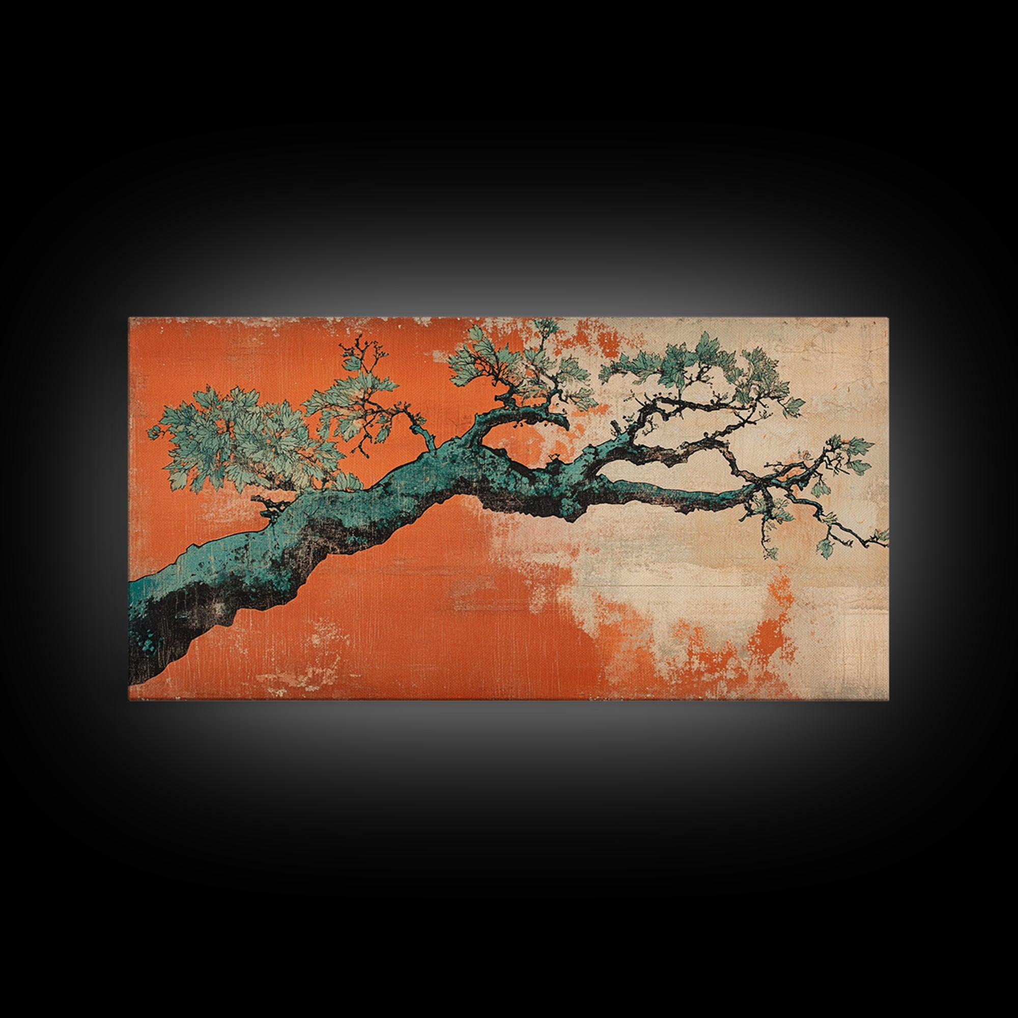 Twisted Pine Branch Wall Art, Japanese Botanical Canvas Print, Orange Teal Nature Decor, Japandi Living Room Wall Decor Gift