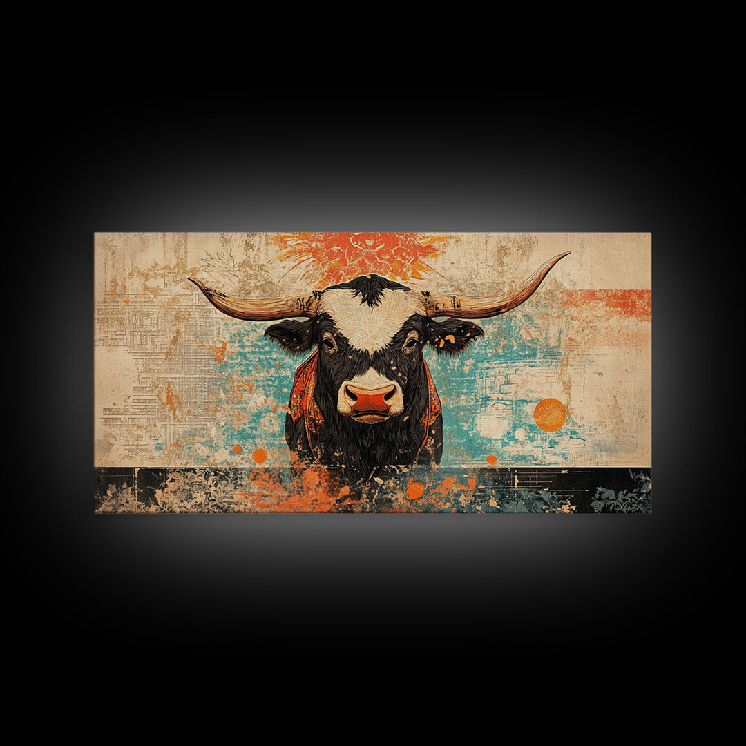 Bold Longhorn Cow Wall Art, Western Animal Canvas Print, Rustic Farmhouse Decor, Southwest Living Room Wall Decor Gift Idea