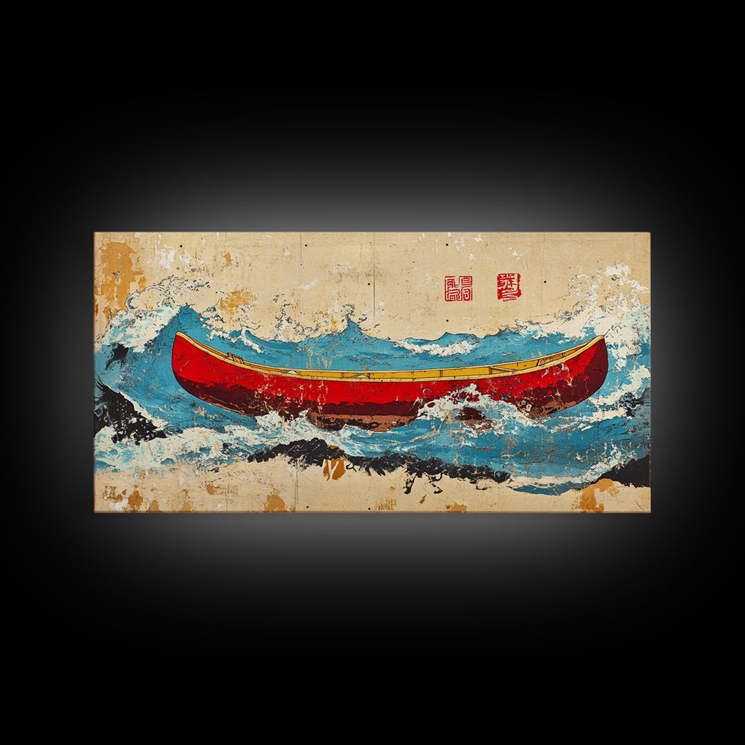Red Canoe Ocean Waves Wall Art, Japanese Nautical Canvas Print, Coastal Adventure Decor, Beach House Wall Decor Gift Idea