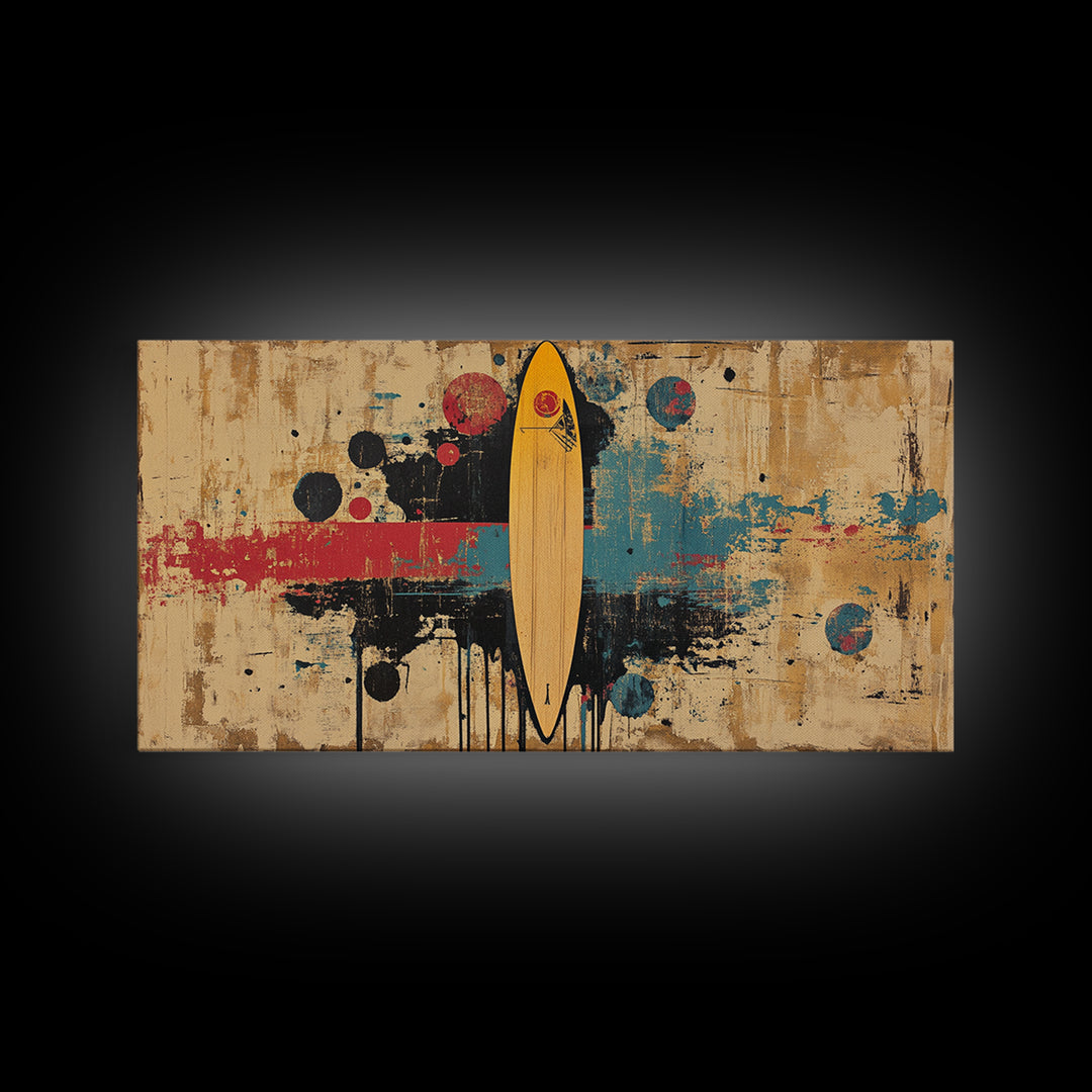 Yellow Surfboard Abstract Wall Art, Retro Beach Canvas Print, Mid Century Modern Decor, Surfer Living Room Wall Decor Gift