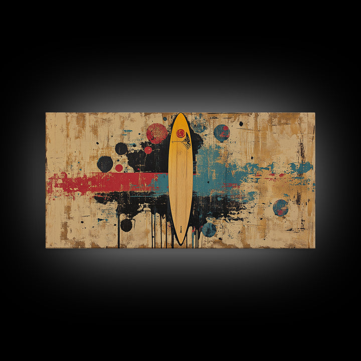 Yellow Surfboard Abstract Wall Art, Retro Beach Canvas Print, Mid Century Modern Decor, Surfer Living Room Wall Decor Gift