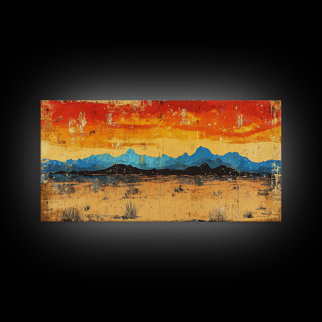 Blue Desert Mountain Wall Art, Fiery Sunset Landscape Canvas Print, Southwest Modern Decor, Above Sofa Wall Decor Gift Idea