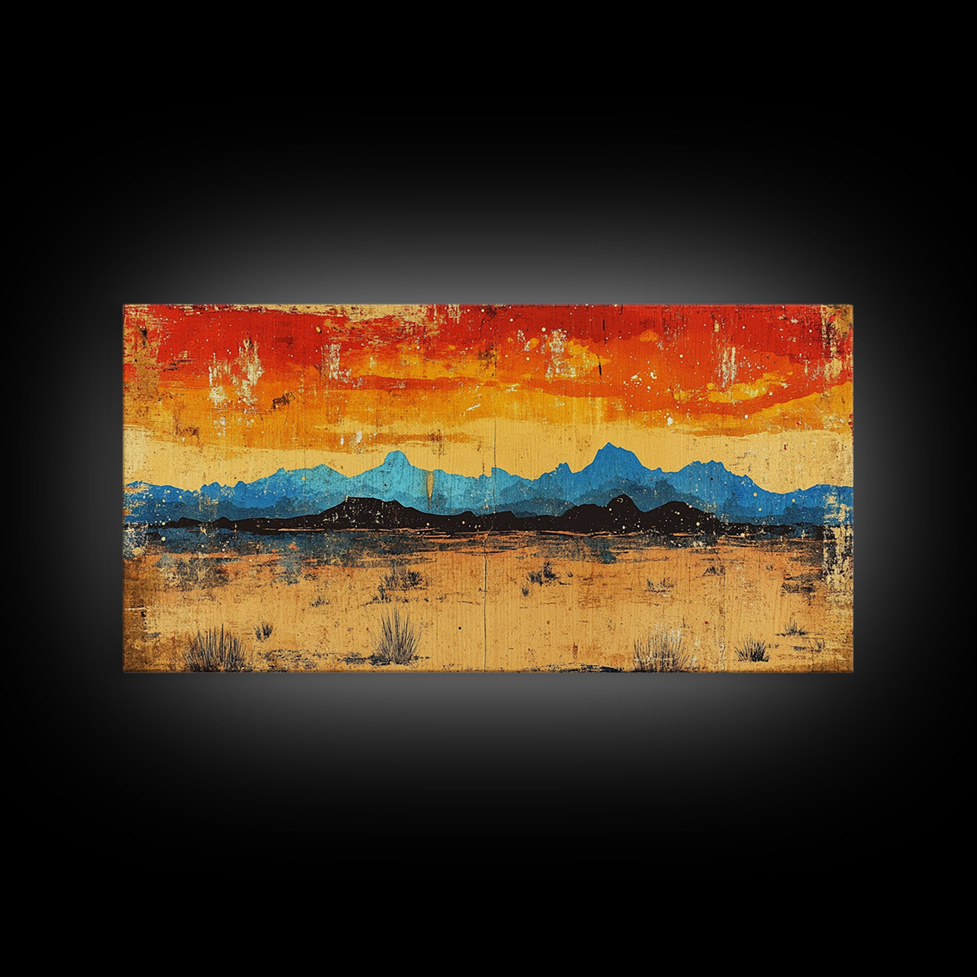 Blue Desert Mountain Wall Art, Fiery Sunset Landscape Canvas Print, Southwest Modern Decor, Above Sofa Wall Decor Gift Idea