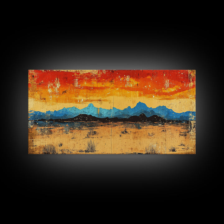 Blue Desert Mountain Wall Art, Fiery Sunset Landscape Canvas Print, Southwest Modern Decor, Above Sofa Wall Decor Gift Idea