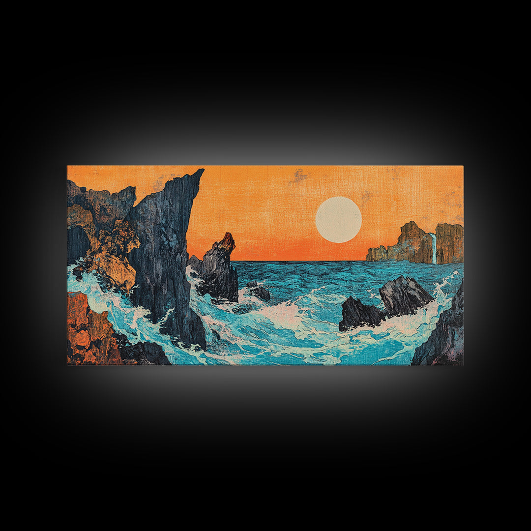 Rocky Ocean Sunset Seascape Wall Art, Japanese Coastal Canvas Wall Art, Beach House Decor, Large Horizontal Print, Ocean Wall Decor