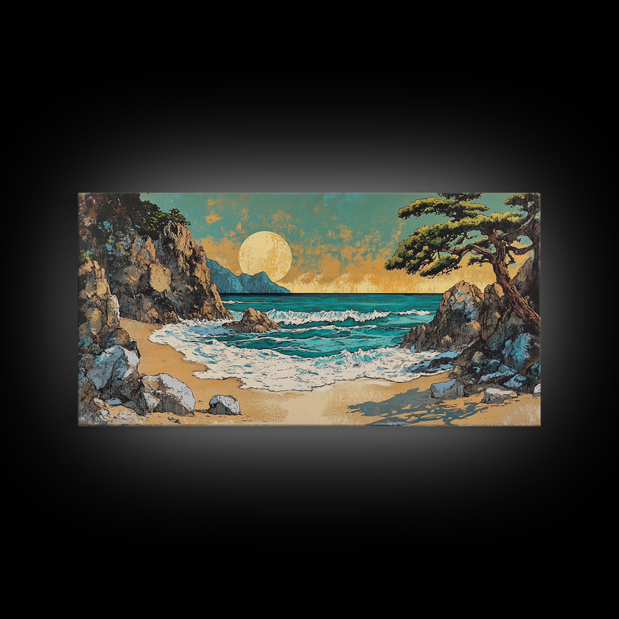 Rocky Cove Sunset Beach Wall Art, Japanese Coastal Landscape Art, Ocean Waves Canvas Print, Beach House Decor, Large Wall Art