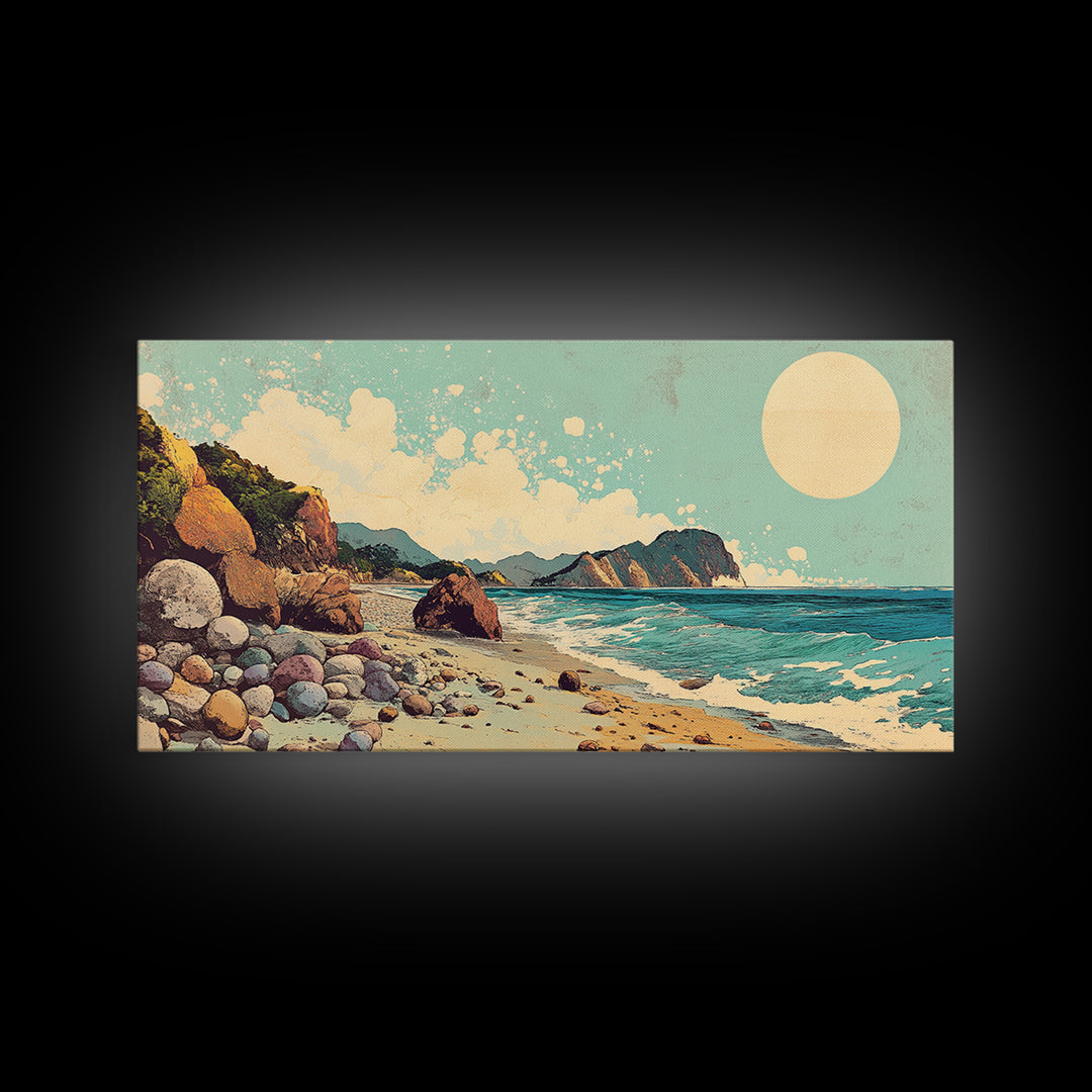 Sunny Rocky Beach Panorama Wall Art, Tropical Coastal Landscape, Ocean Waves Canvas Print, Beach House Decor, Large Horizontal Art