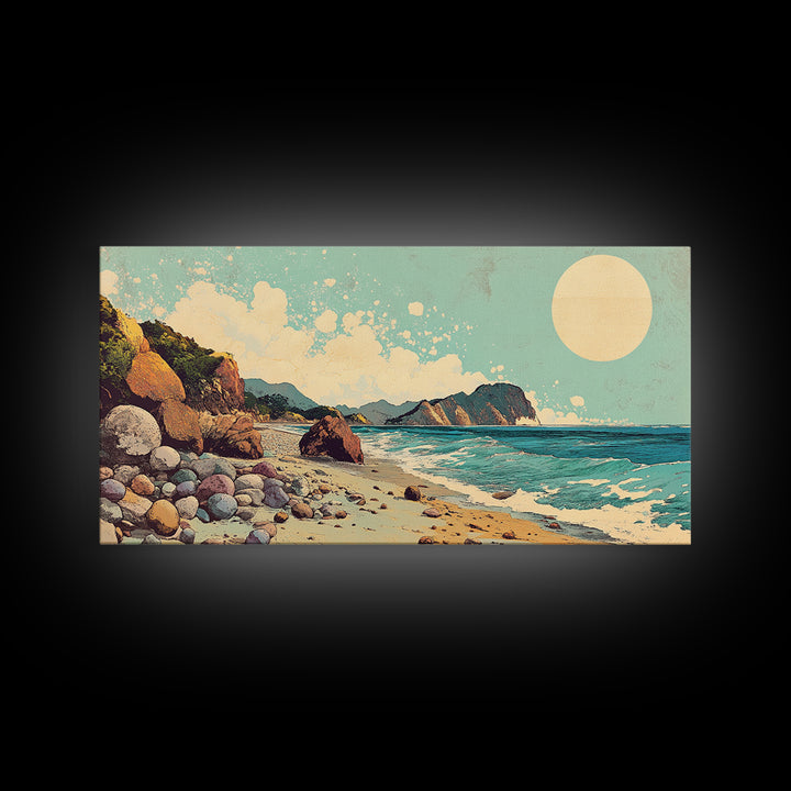 Sunny Rocky Beach Panorama Wall Art, Tropical Coastal Landscape, Ocean Waves Canvas Print, Beach House Decor, Large Horizontal Art
