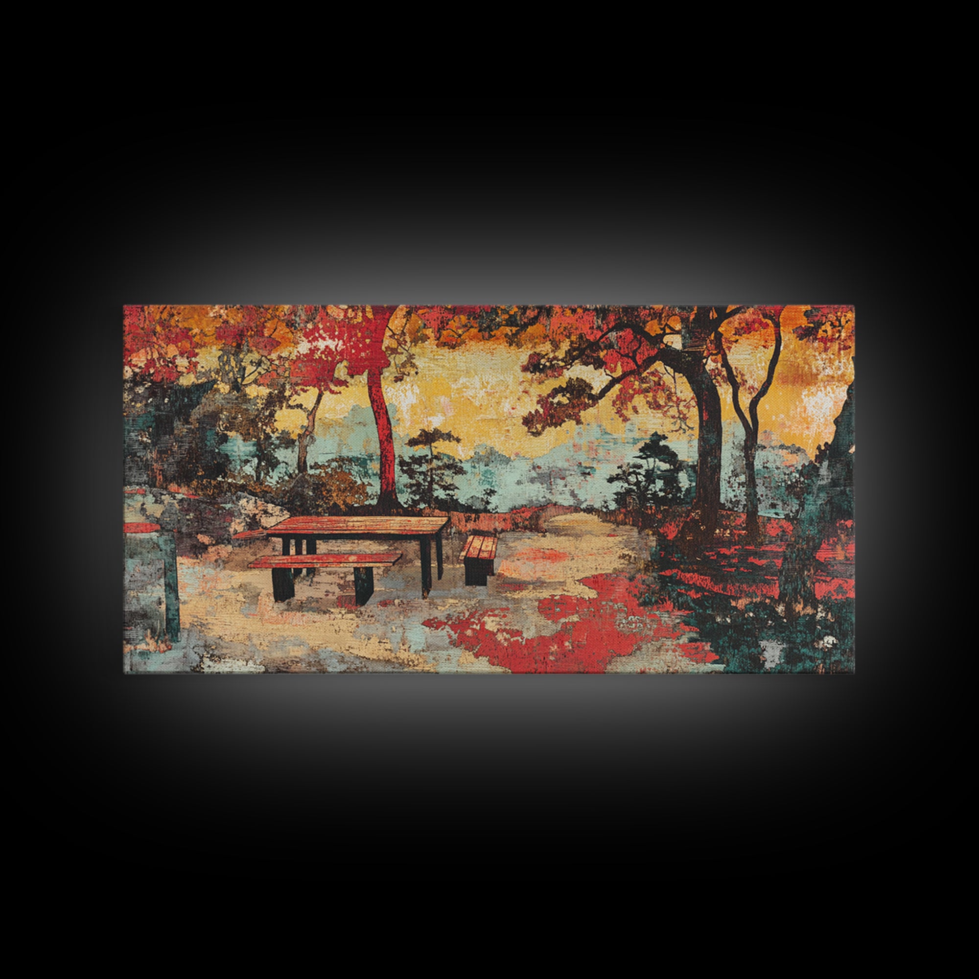 Autumn Park Bench Landscape Wall Art, Japanese Garden Scene, Fall Colors Canvas Print, Cozy Home Decor, Living Room Wall Art