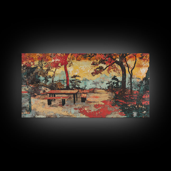 Autumn Park Bench Landscape Wall Art, Japanese Garden Scene, Fall Colors Canvas Print, Cozy Home Decor, Living Room Wall Art
