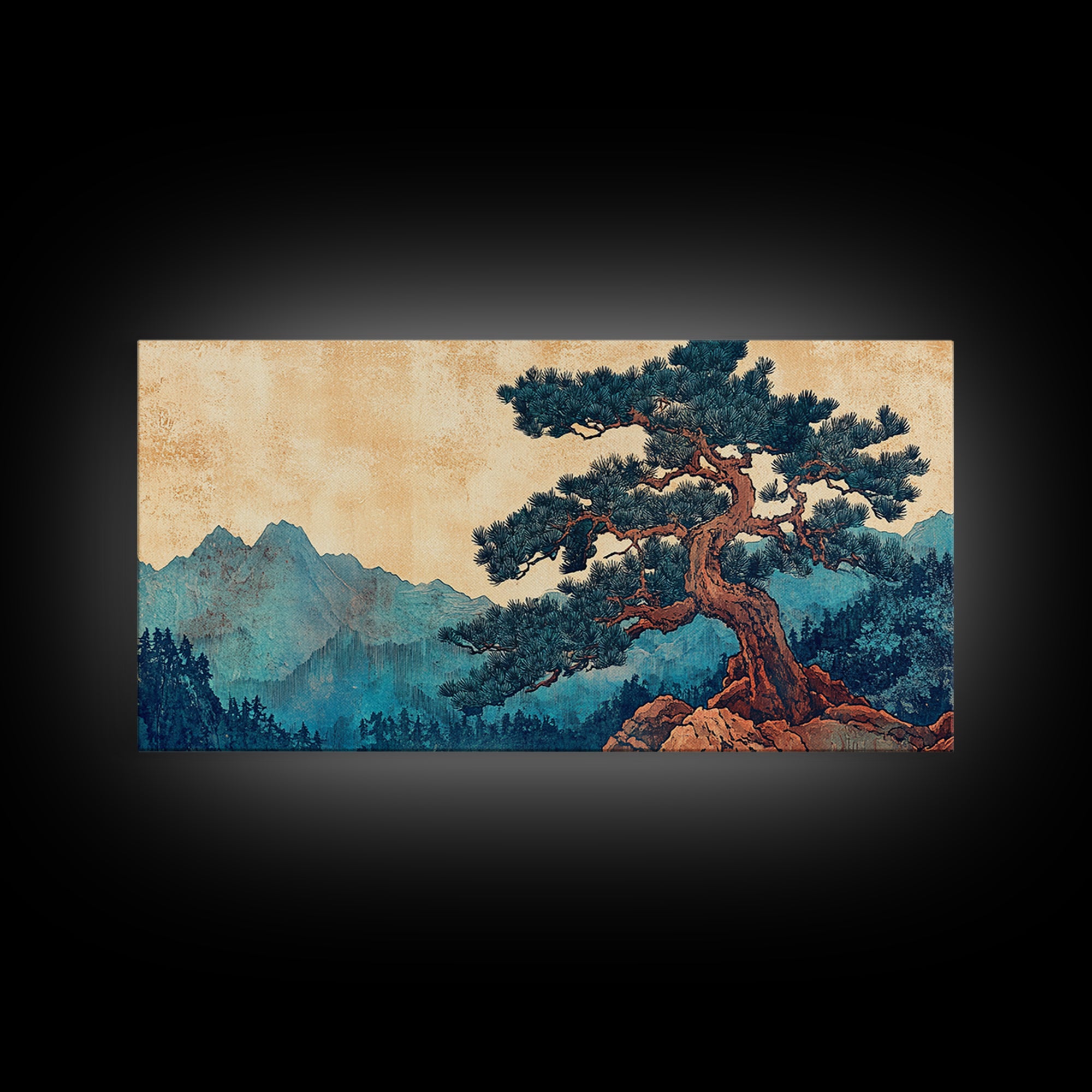 Ancient Pine Mountain Landscape Wall Art, Japanese Nature Canvas Print, Blue Forest Decor, Japandi Wall Art, Large Horizontal Print