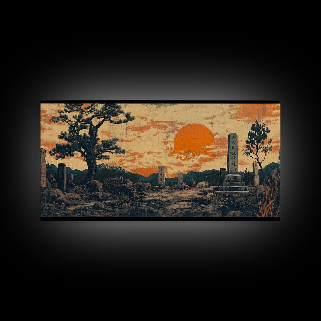Moody Graveyard Sunset Wall Art, Japanese Cemetery Landscape, Dark Academia Canvas Print, Gothic Decor, Large Horizontal Art