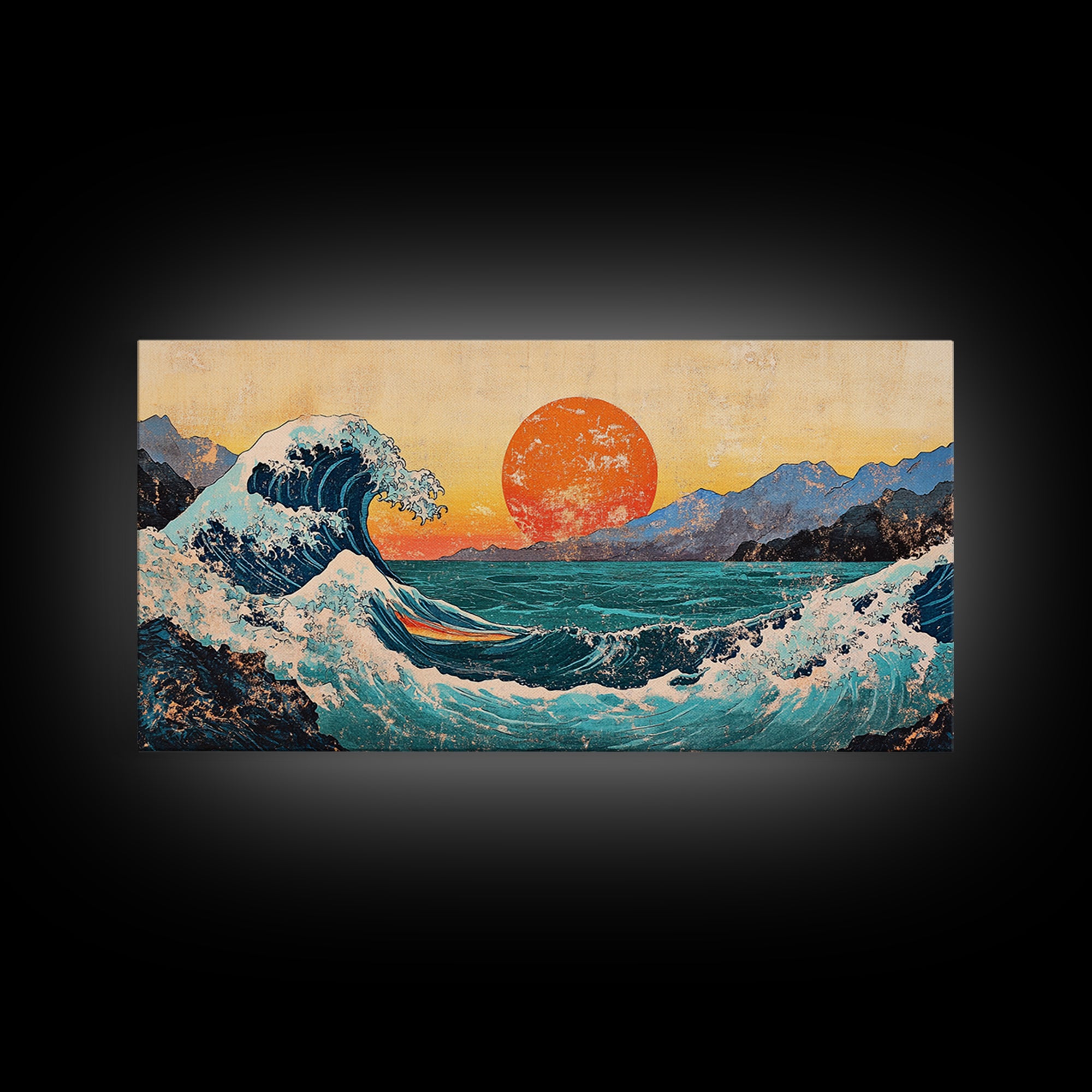 Great Wave With Orange Sun Canvas Print, Japanese Ocean Wall Art, Coastal Landscape Decor For Living Room Above Sofa Housewarming Gift