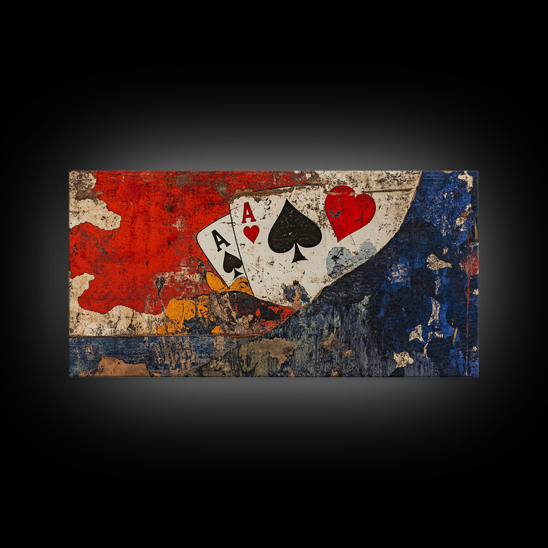Grunge Ace Playing Cards Wall Art, Retro Poker Canvas Print, Game Room Decor For Man Cave, Casino Gift For Him Housewarming
