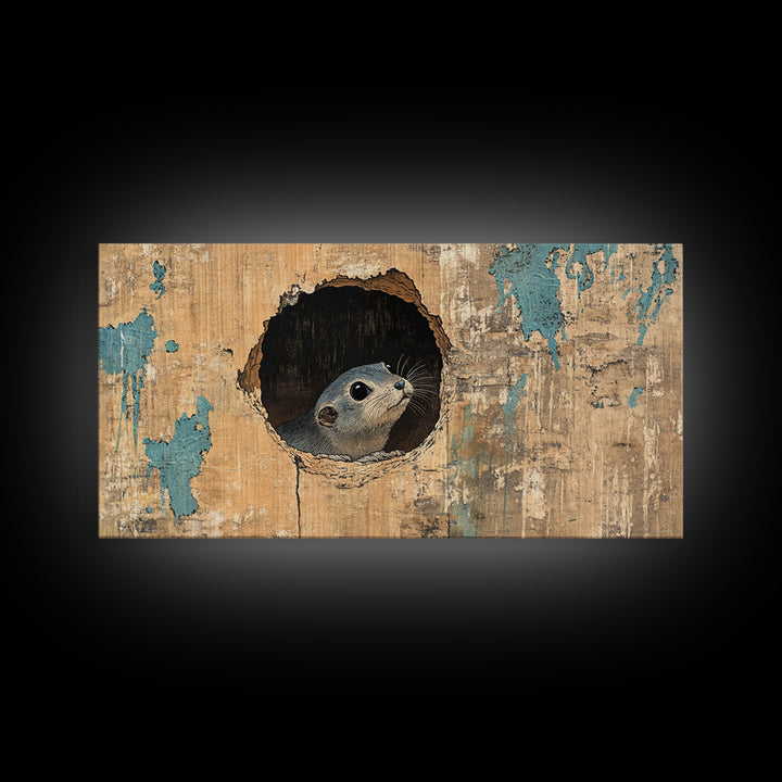 Curious Seal Peeking From Weathered Wall Art, Cute Coastal Animal Canvas Print, Nautical Bathroom Decor Gift For Ocean Lover