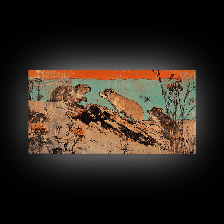 Playful Otters On Driftwood Wall Art, Rustic Wildlife Canvas Print, Woodland Animal Decor For Cabin Living Room Housewarming Gift