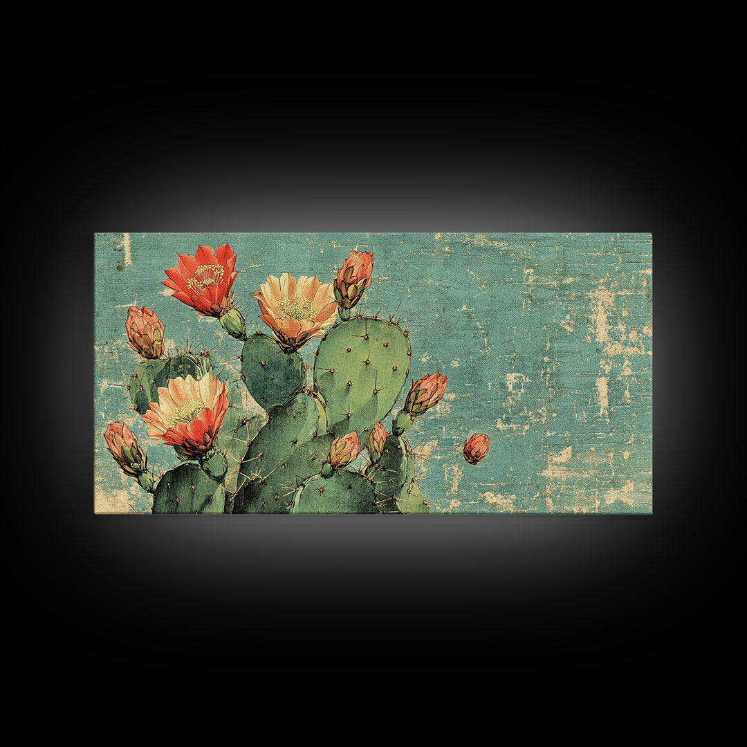 Blooming Prickly Pear Cactus Wall Art, Southwest Desert Canvas Print, Botanical Boho Home Decor Gift For Her Living Room