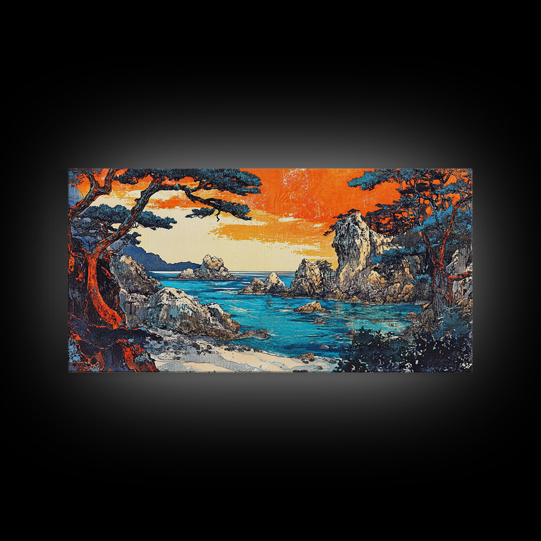 Orange Sunset Rocky Cove Seascape Canvas Print, Coastal Wall Art, Ocean Landscape Art For Living Room Decor, Beach House Decor
