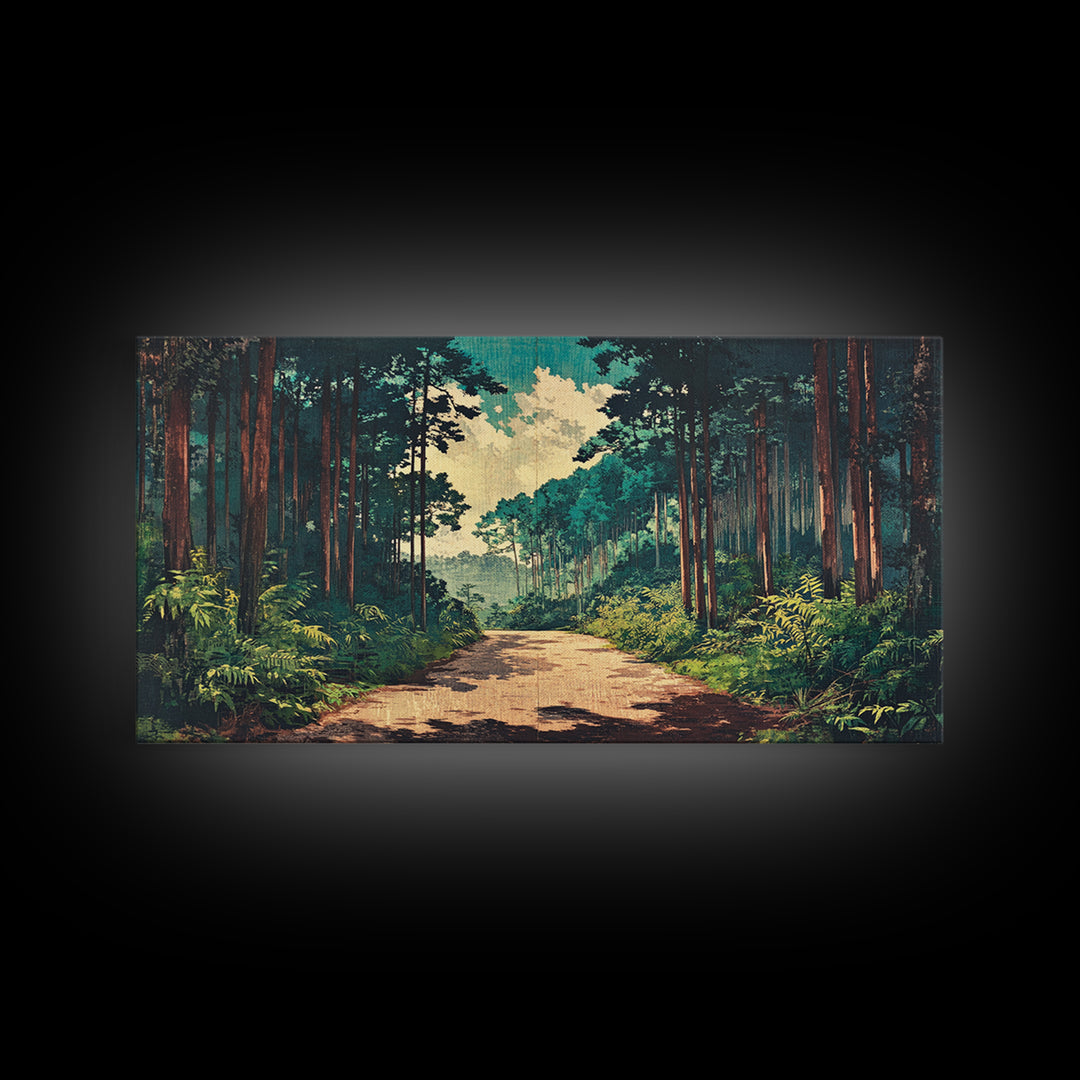 Sunlit Pine Forest Path Canvas Print, Nature Wall Art, Forest Wall Decor, Japandi Wall Art For Entryway And Office Decor