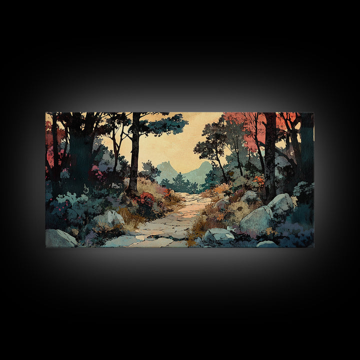 Autumn Woodland Trail Landscape Canvas Print, Rustic Wall Art, Nature Wall Decor, Moody Forest Art For Cozy Bedroom Decor