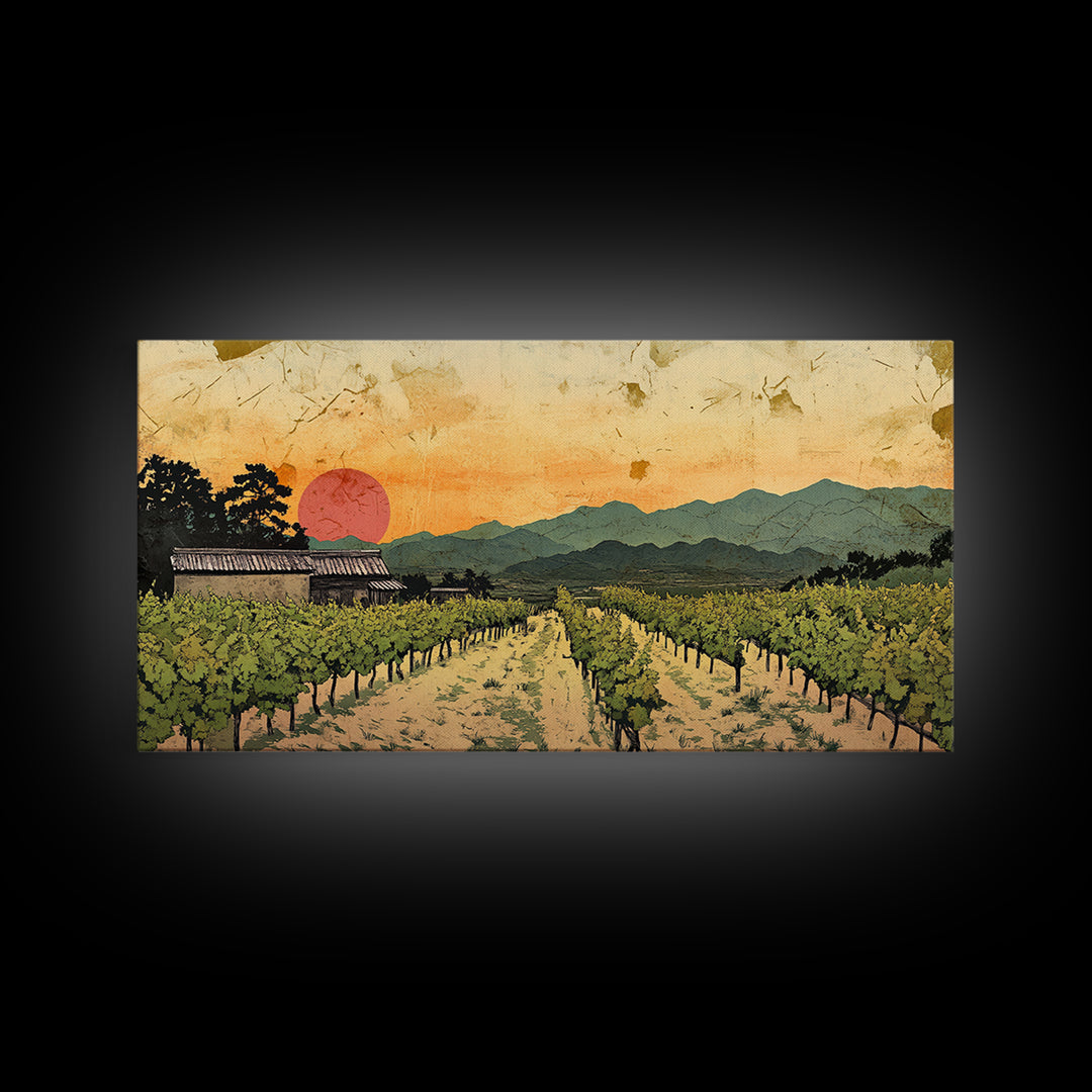 Sunset Vineyard Rows And Mountains Canvas Print, Winery Wall Art, Wine Country Decor, Rustic Landscape Art For Dining Room