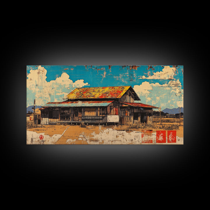 Rustic Weathered Barn Under Blue Sky Framed Canvas Print, Farmhouse Wall Art, Country Landscape, Warm Rural Home Decor Print