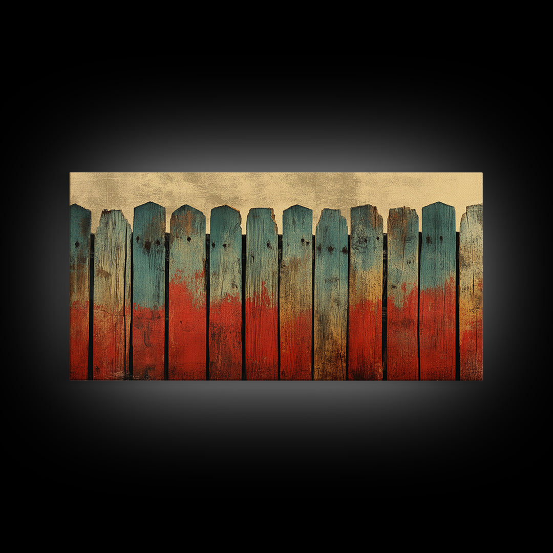 Weathered Teal And Red Wood Fence Canvas Print, Rustic Wall Art, Abstract Farmhouse Decor, Bold Country Wall Decor, Home Decor
