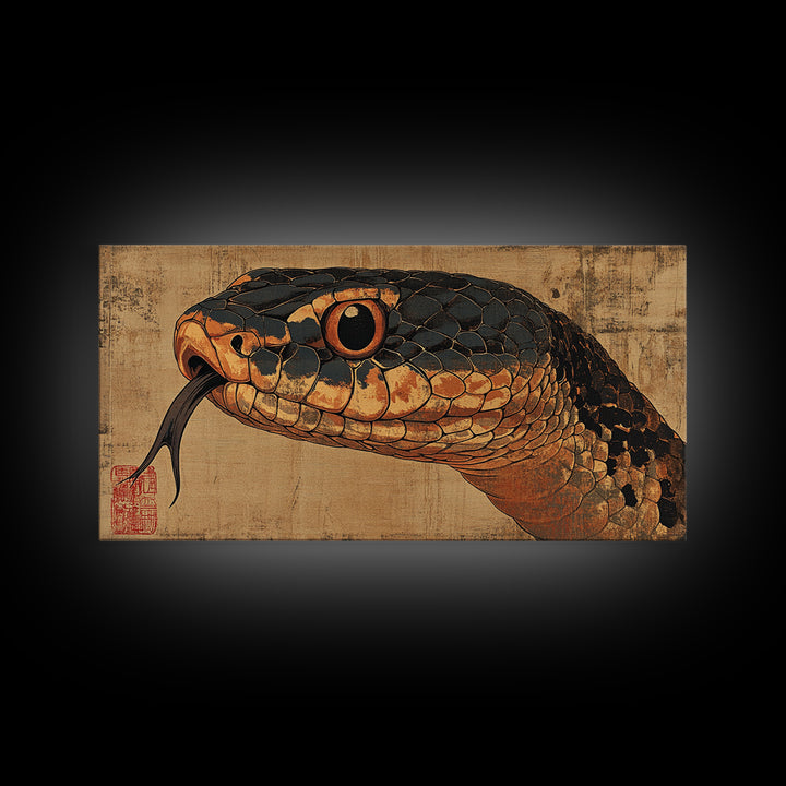 Black And Copper Snake Portrait Framed Canvas Print, Reptile Wall Art, Dark Animal Art, Gothic Nature Home Decor, Gift For Him