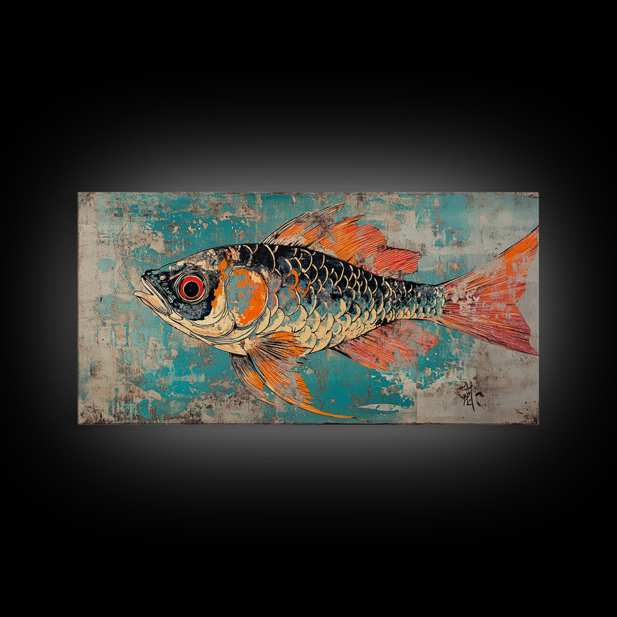 Orange And Teal Koi Fish Canvas Print, Japanese Wall Art, Coastal Animal Art, Vibrant Ocean Decor, Marine Life Print, Gift