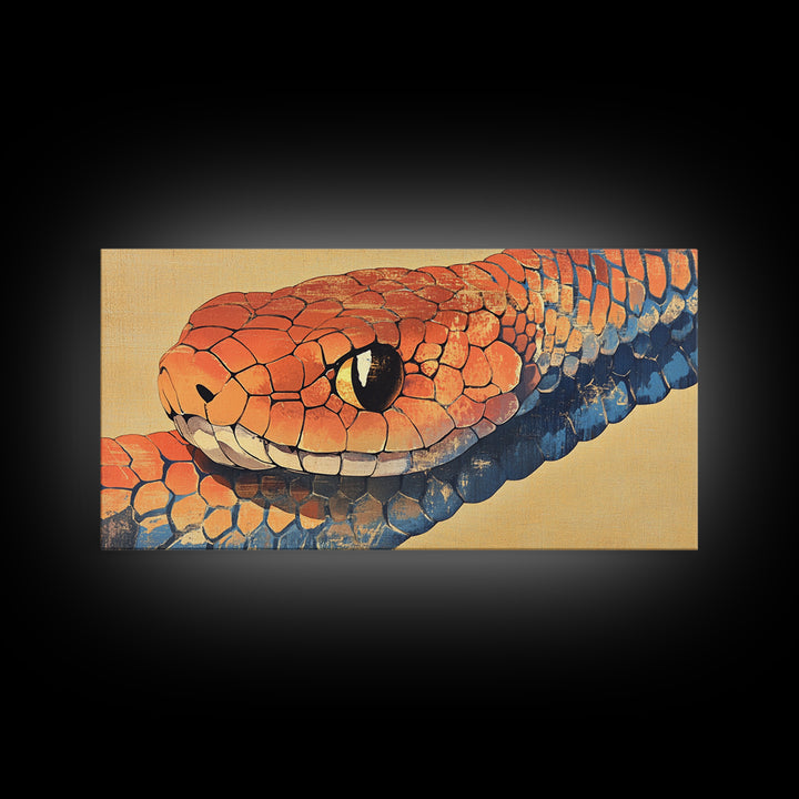 Orange And Blue Snake Closeup Framed Canvas Print, Reptile Wall Art, Wildlife Art, Bold Nature Decor, Masculine Home Decor