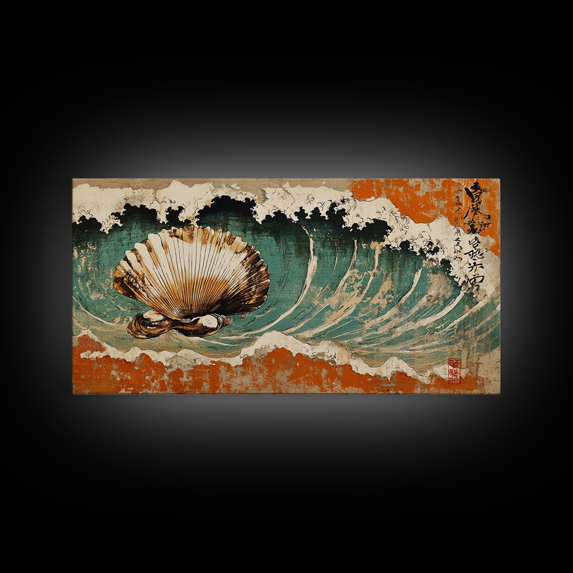 Scallop Shell In Crashing Wave Canvas Print, Japanese Coastal Wall Art, Nautical Ocean Decor, Seashell Art Print, Beach House Decor