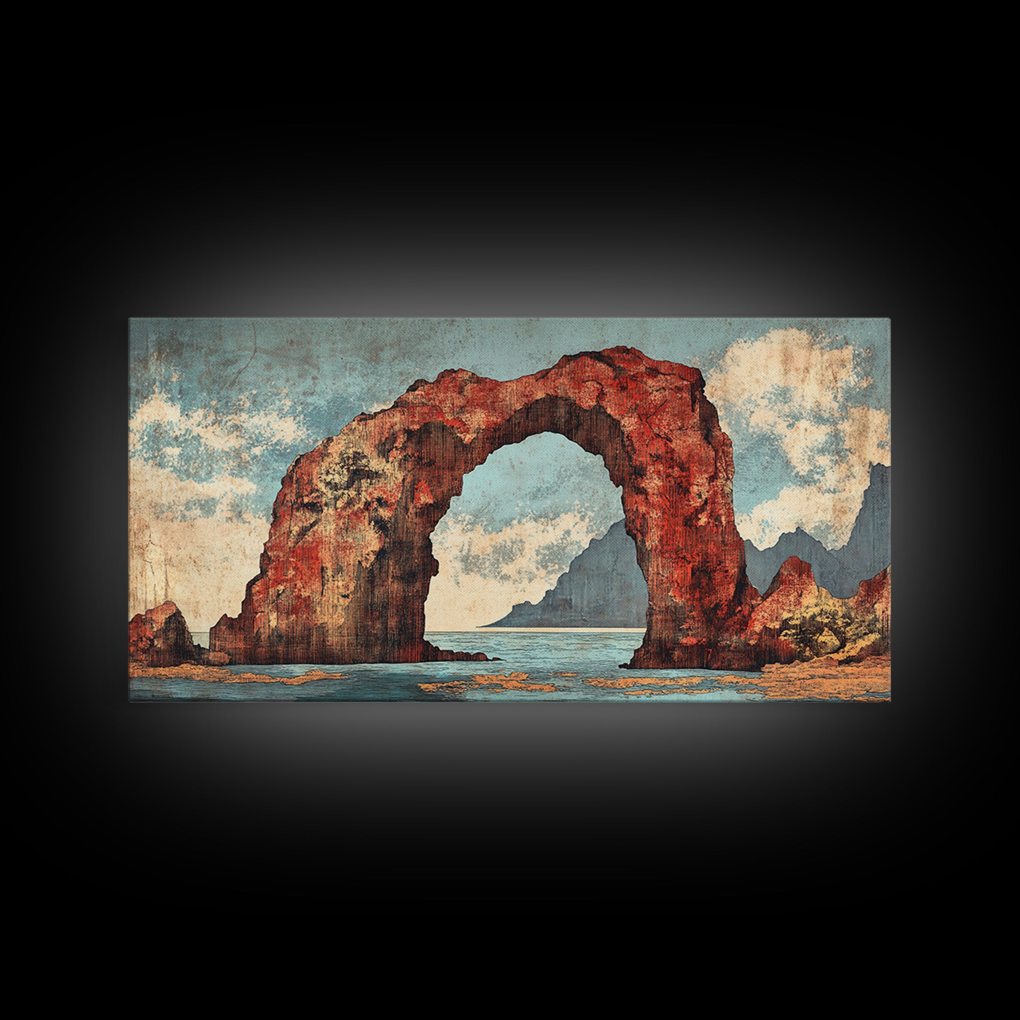 Red Coastal Rock Arch Over Blue Sea Framed Canvas Print, Seascape Wall Art, Ocean Landscape, Beach House Decor, Coastal Decor