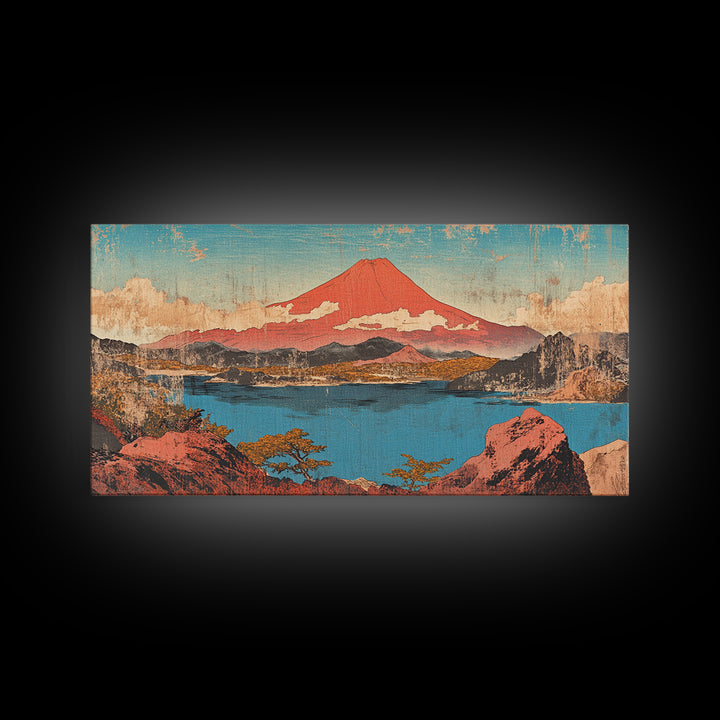 Red Mount Fuji Over Lake Framed Canvas Print, Japanese Wall Art, Landscape Art, Japandi Decor, Nature Wall Art, Home Decor