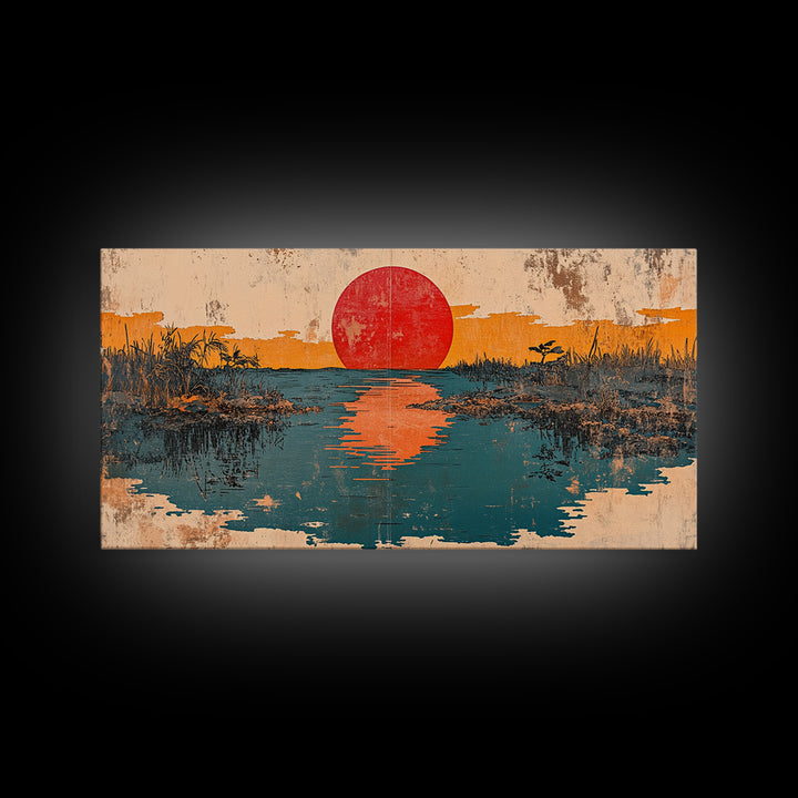 Red Sun Reflected In Marsh Water Canvas Print, Japanese Wall Art, Abstract Landscape, Zen Home Decor, Sunrise Wall Art, Japandi Decor