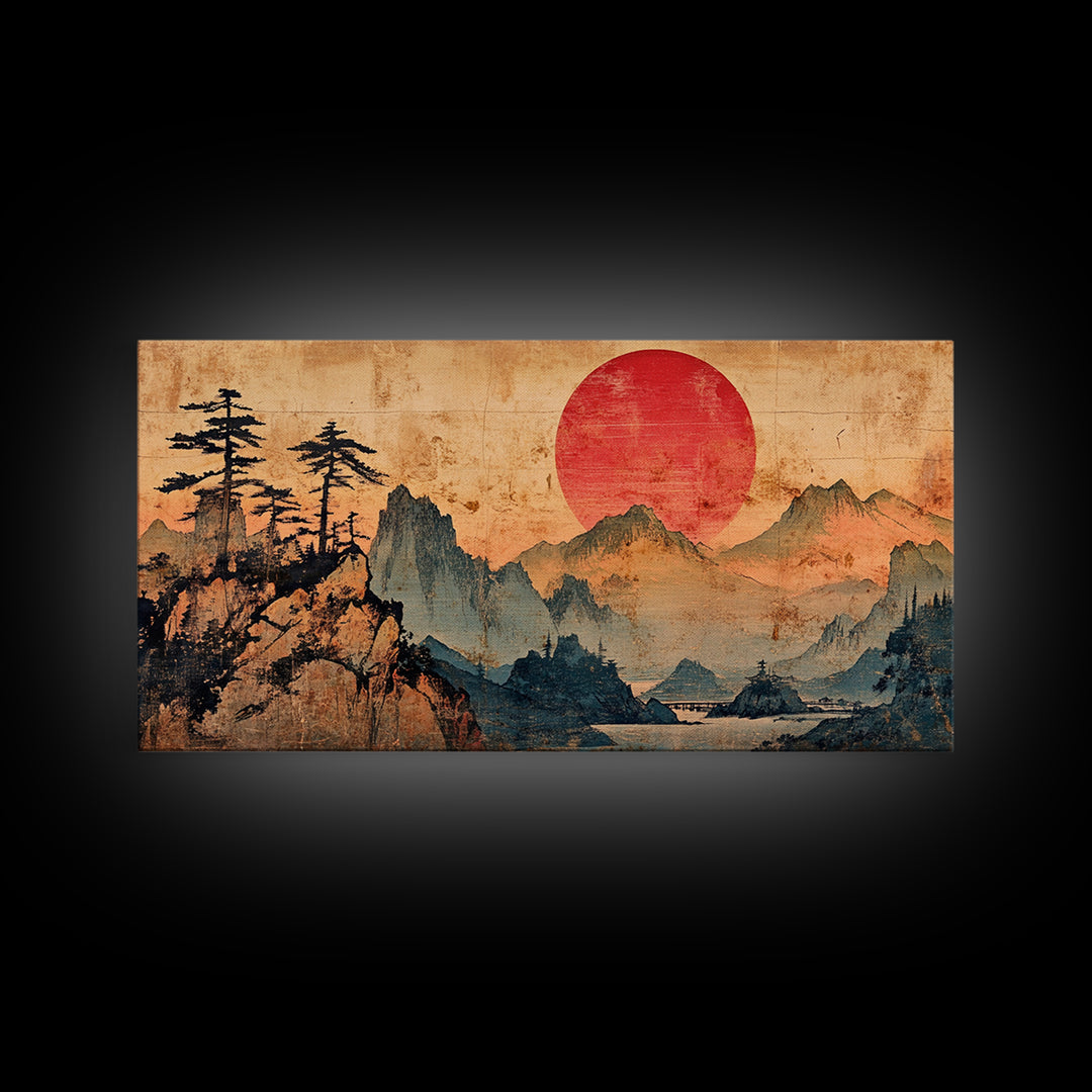 Red Sun Mountain Pines Wall Art, Japanese Landscape Canvas Print, Japandi Zen Home Decor, Asian Inspired Living Room Art