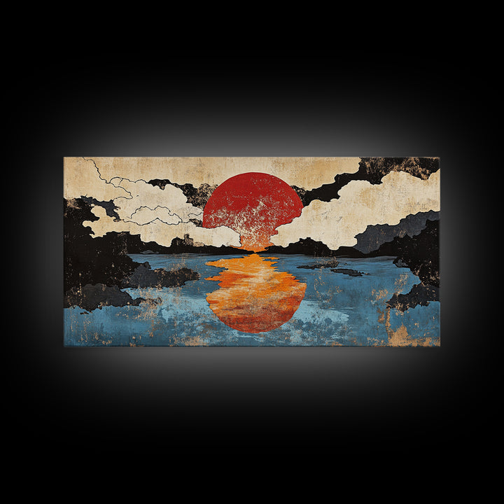 Orange Sun Reflection Seascape Wall Art, Japanese Ocean Canvas Print, Moody Coastal Wall Decor, Abstract Sunset Art Print