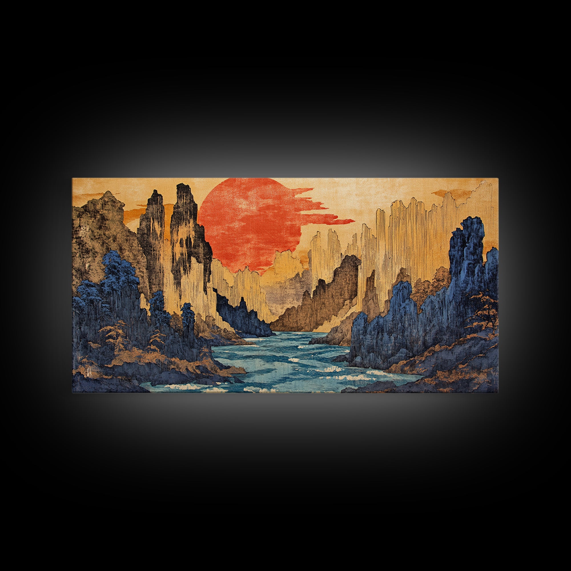 Red Sun Canyon River Wall Art, Japanese Landscape Canvas Print, Modern Japandi Decor, Dramatic Mountain Living Room Art Print