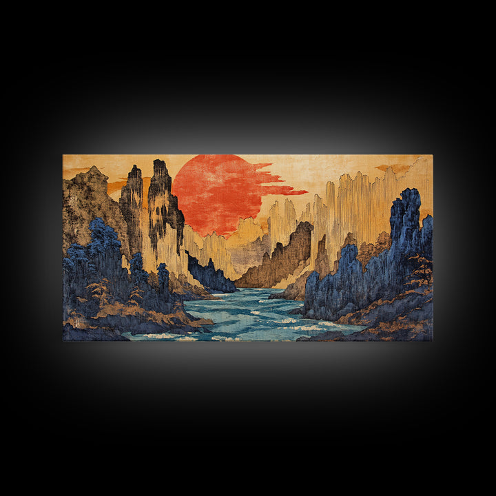 Red Sun Canyon River Wall Art, Japanese Landscape Canvas Print, Modern Japandi Decor, Dramatic Mountain Living Room Art Print