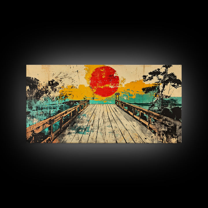Sunset Pier Lake Wall Art, Japanese Landscape Canvas Print, Turquoise Coastal Decor, Retro Travel Poster For Living Room