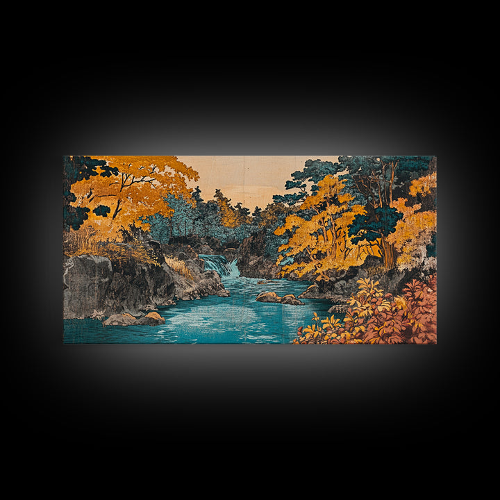 Autumn River Waterfall Wall Art, Japanese Landscape Canvas Print, Gold Forest Home Decor, Cozy Living Room Wall Art Print