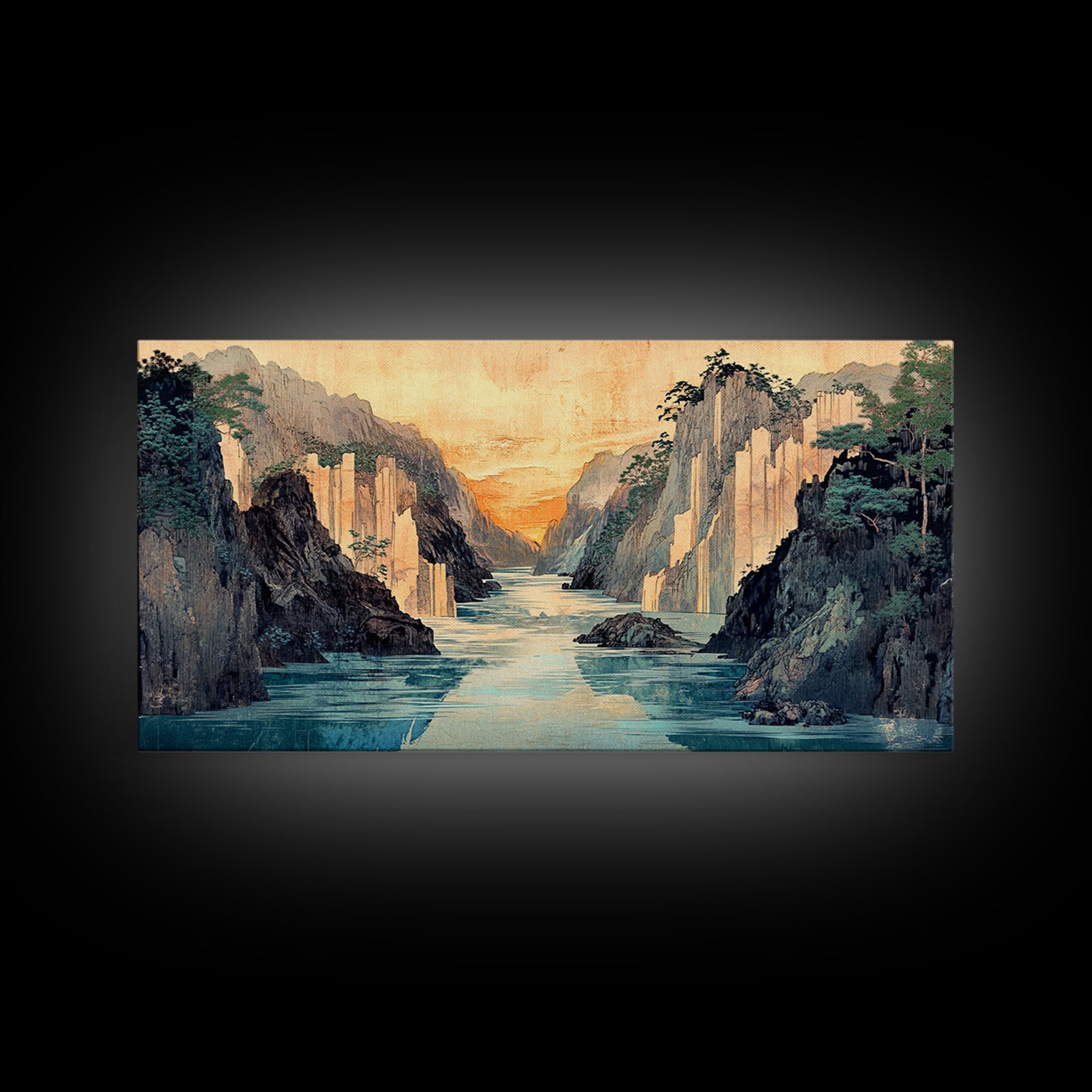 Misty Canyon River Wall Art, Japanese Landscape Canvas Print, Serene Mountain Decor, Panoramic Living Room Wall Art Print
