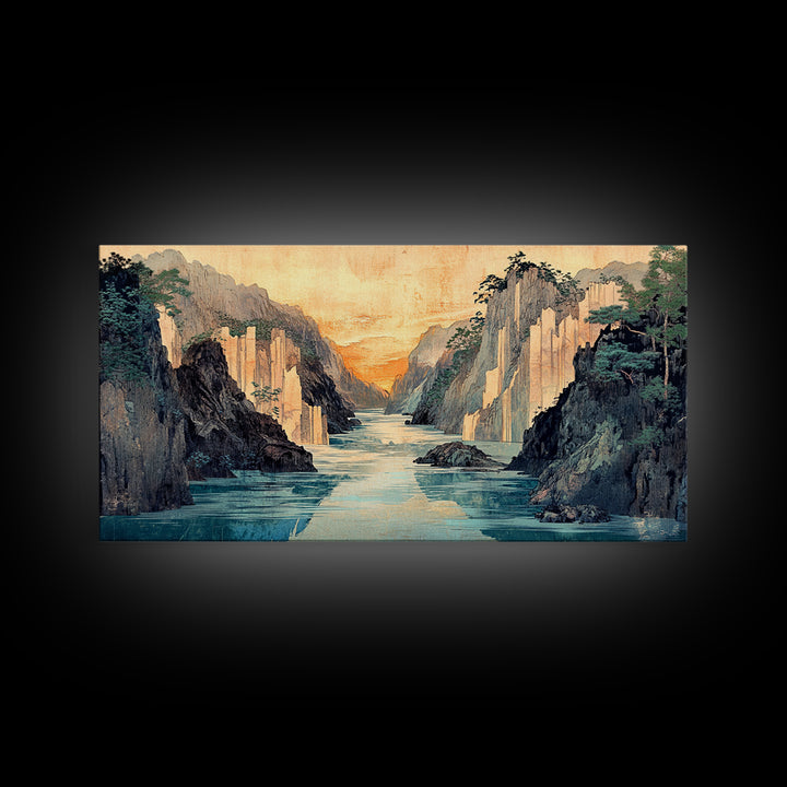 Misty Canyon River Wall Art, Japanese Landscape Canvas Print, Serene Mountain Decor, Panoramic Living Room Wall Art Print
