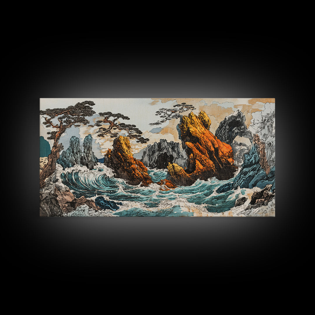 Dramatic Rocky Ocean Waves Framed Canvas Print, Japanese Seascape Wall Art, Coastal Landscape, Nautical Living Room Decor